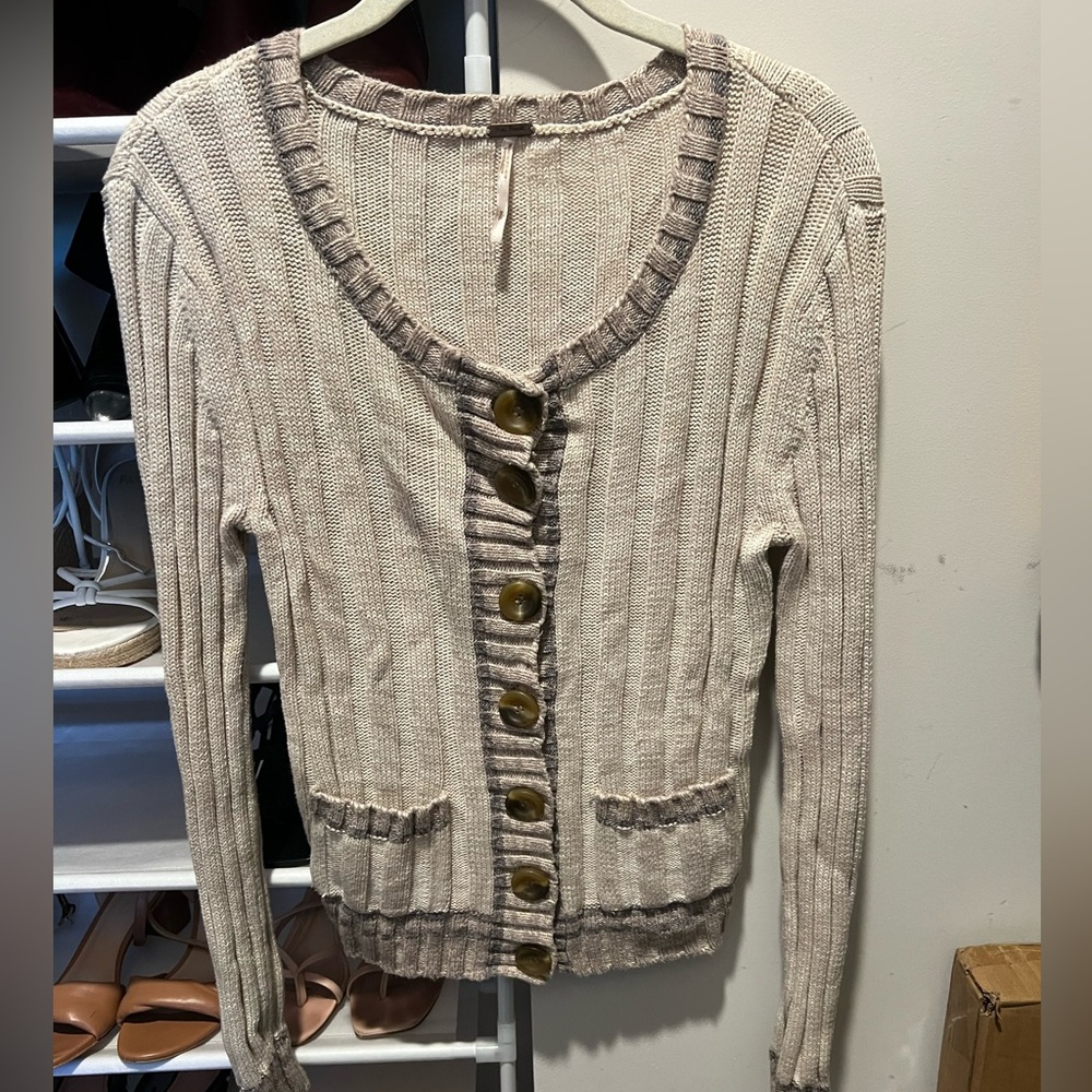 Free People Cream and Gray Button-Up Cardigan
